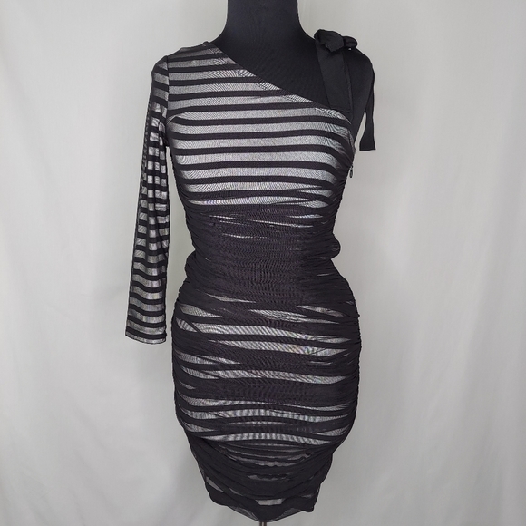 BCBGMaxazria Dress Mini Bodycon Mesh Striped Ribbon Tie One Shoulder Stretch XS - Picture 1 of 5